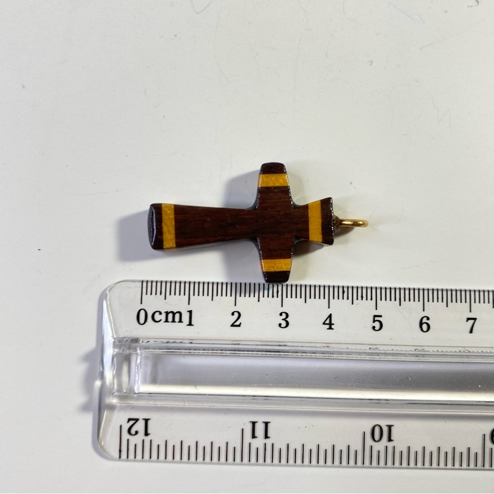 Vintage Handmade Wooden Cross Pendant Brown with Yellow Inlay - Picture 5 of 5